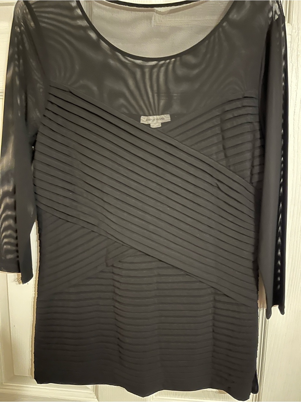 Boston Proper Black Pleated Overlay Long Sleeve Top
